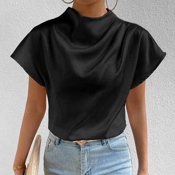 Black Casual Womens Mock Neck Batwing Sleeve Satin Blouse - Picture 4 of 5